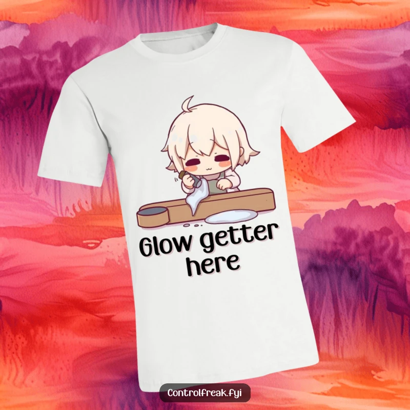 Funny t-shirt depicting a character meticulously polishing an object to an impossibly high shine, showcasing extreme attention to detail, a humorous apparel choice.
