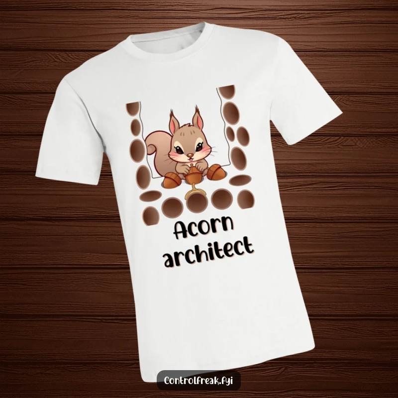 Funny t-shirt featuring a determined squirrel character comically stuffing acorns into uniform holes, expressing relatable effort and humor.