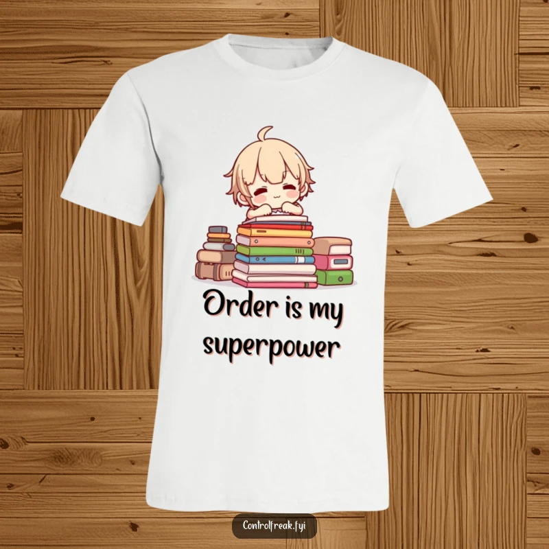 Funny t-shirt showcasing a character joyfully arranging a neat stack, celebrating order and tidiness, perfect for gift.