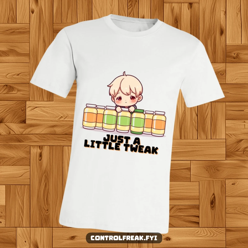 Funny T-Shirt: Character humorously adjusting an immaculately aligned row of items, embodying playful perfectionism.