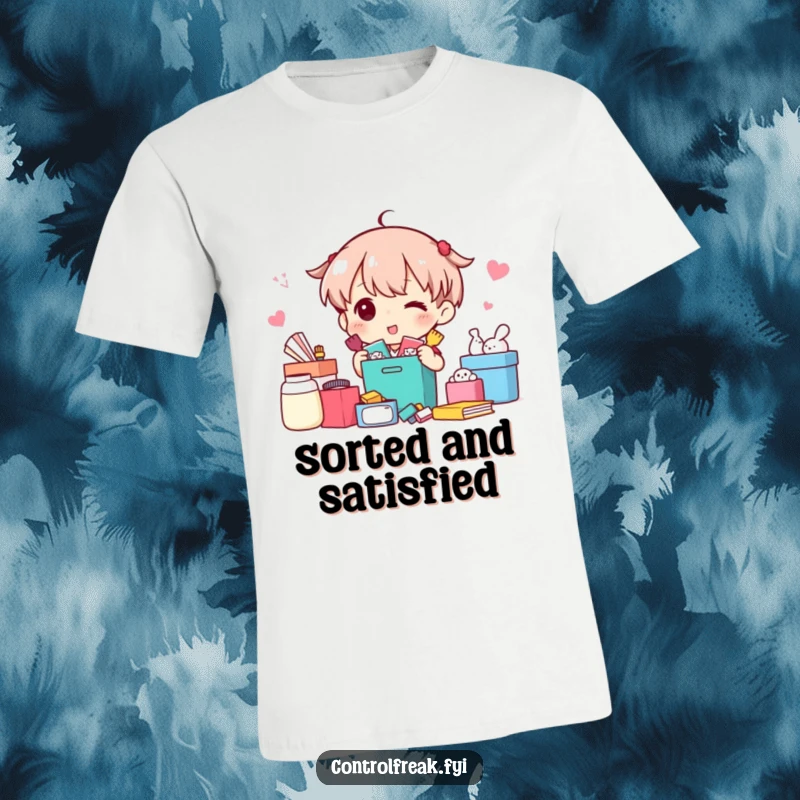 Funny T-Shirt: Character joyfully sorting miscellaneous items into distinct, neat categories, embodying organized fun.