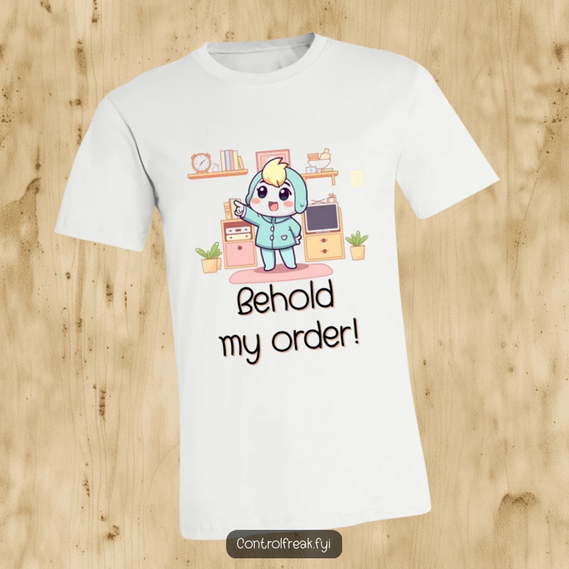 Funny t-shirt featuring a character excitedly pointing at an organized space, highlighting triumph and newfound order, ideal present.