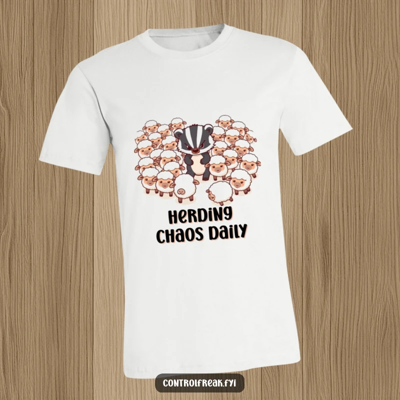 Funny T-Shirt: A grumpy badger looks exasperated trying to herd a large flock of very disorganized, scattered sheep.