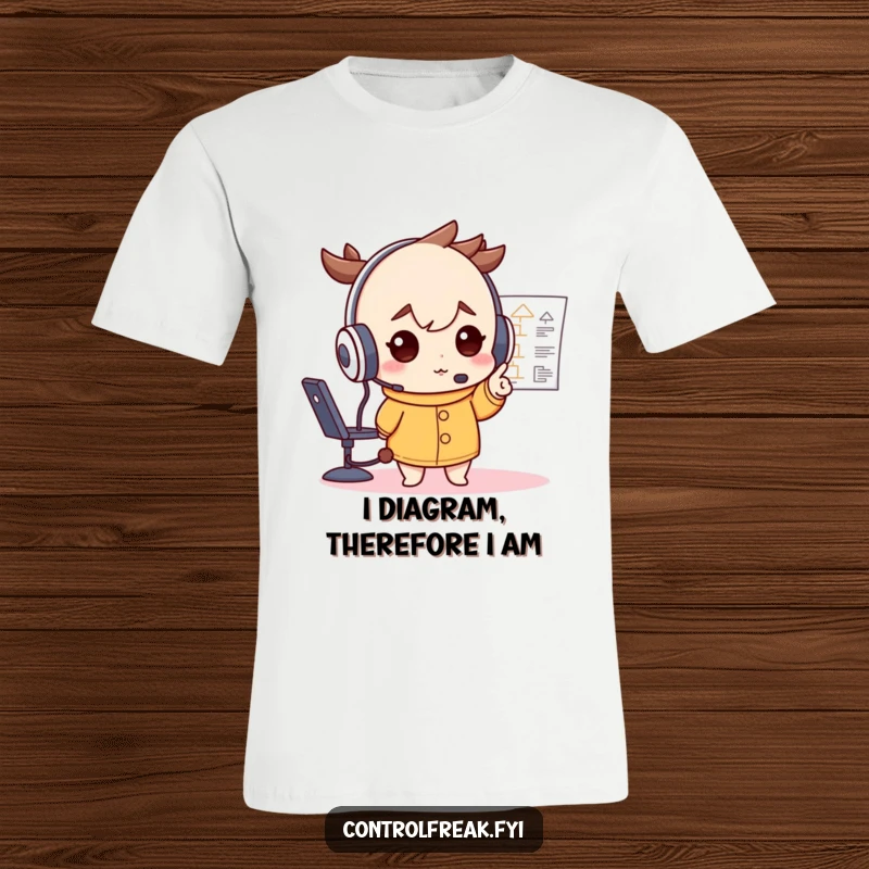 Funny t-shirt featuring a character wearing a huge headset, pointing with conviction at a detailed flowchart, signifying strategy and focus.