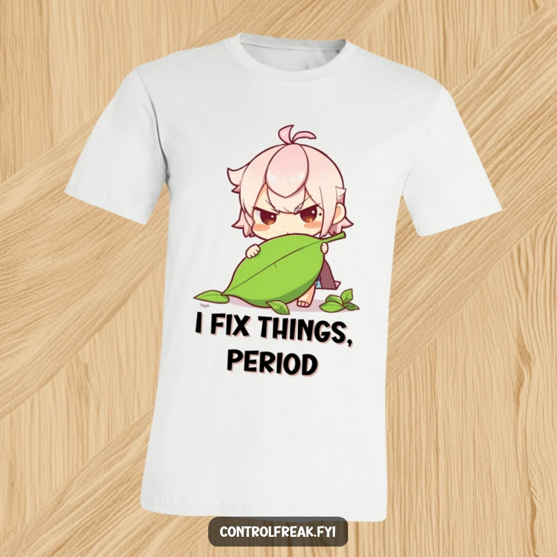 Funny character determinedly straightening a fallen leaf on this t-shirt, a humorous nod to conservation.