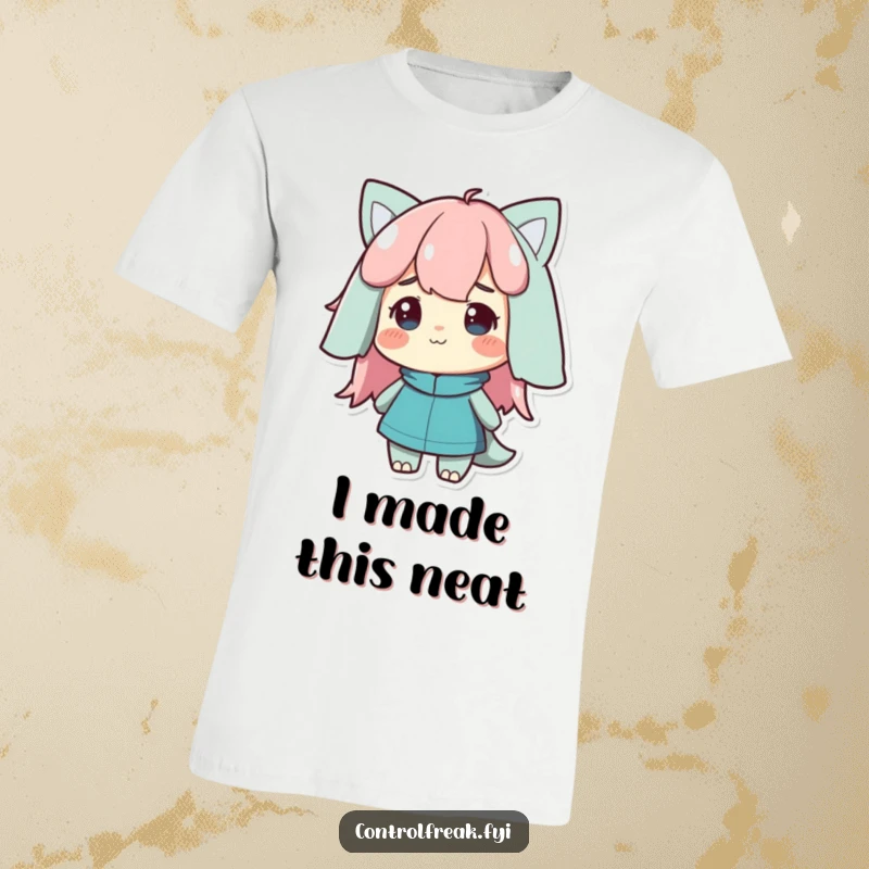 Funny T-Shirt featuring a character with a deeply satisfied nod, looking upon a perfectly ordered arrangement with joy.