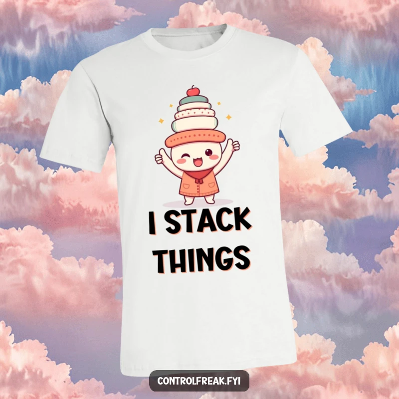 Funny t-shirt with a kawaii character triumphantly holding a perfectly aligned stack of objects, celebrating order and neatness.