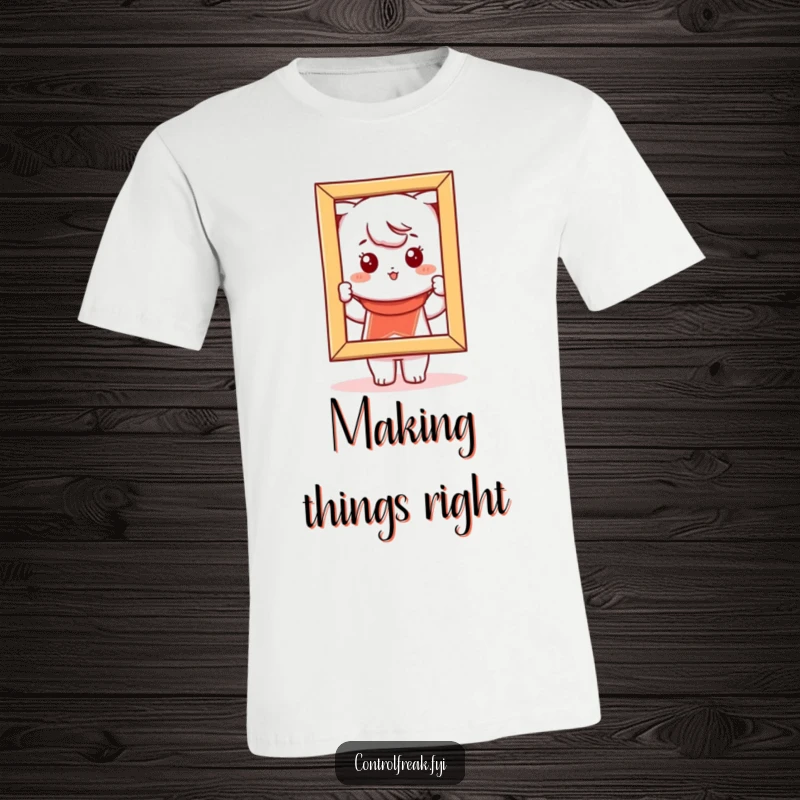 Funny Kawaii character t-shirt, playfully adjusting a crooked picture frame, bringing a smile and order.