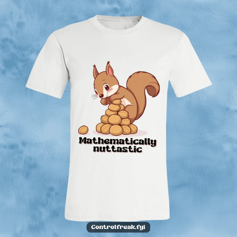 Funny squirrel t-shirt, a meticulous squirrel building a perfect pyramid out of nuts, showcasing its quirky planning skills.