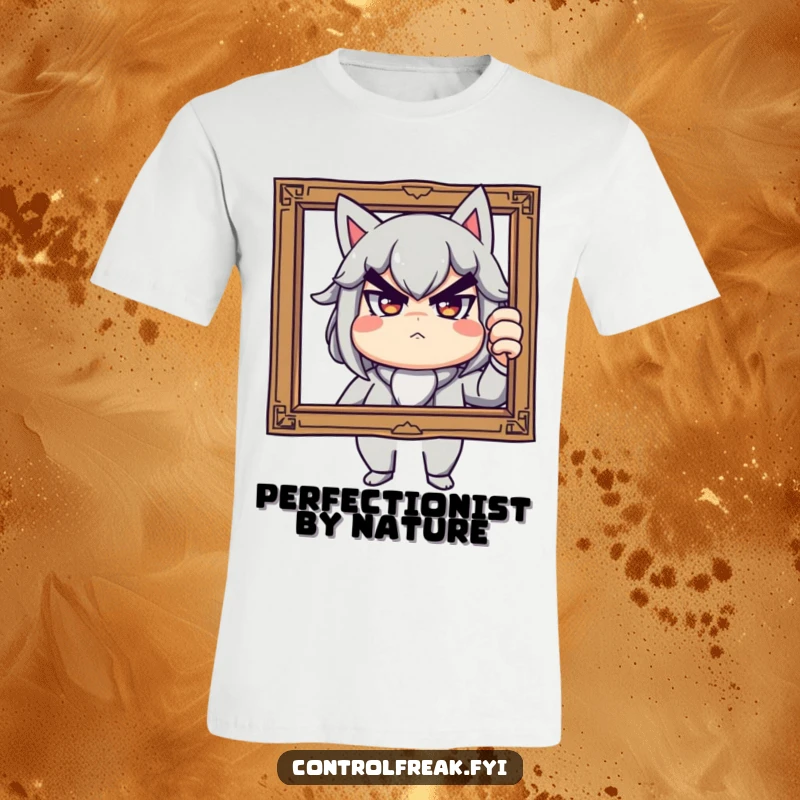Funny t-shirt showing a character with a stern yet playful expression, adjusting a crooked picture frame, a humorous statement piece for apparel lovers.