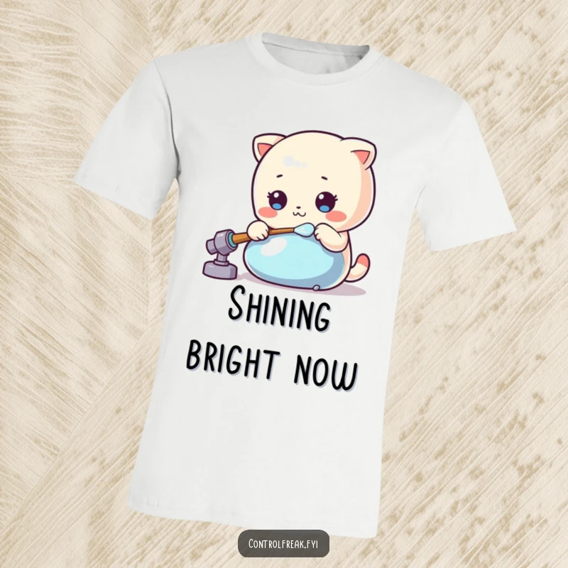 Funny Kawaii polisher t-shirt meticulously shining an object with a bright, happy sparkle.