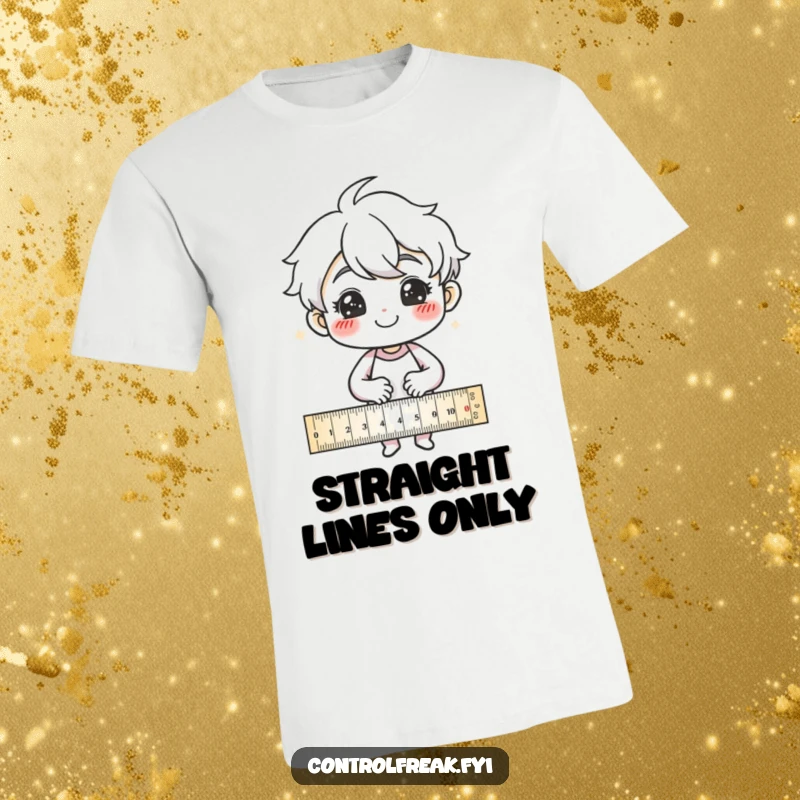 Funny T-Shirt: Character happily drawing precise lines with a ruler, radiating pride and a sense of accomplishment.