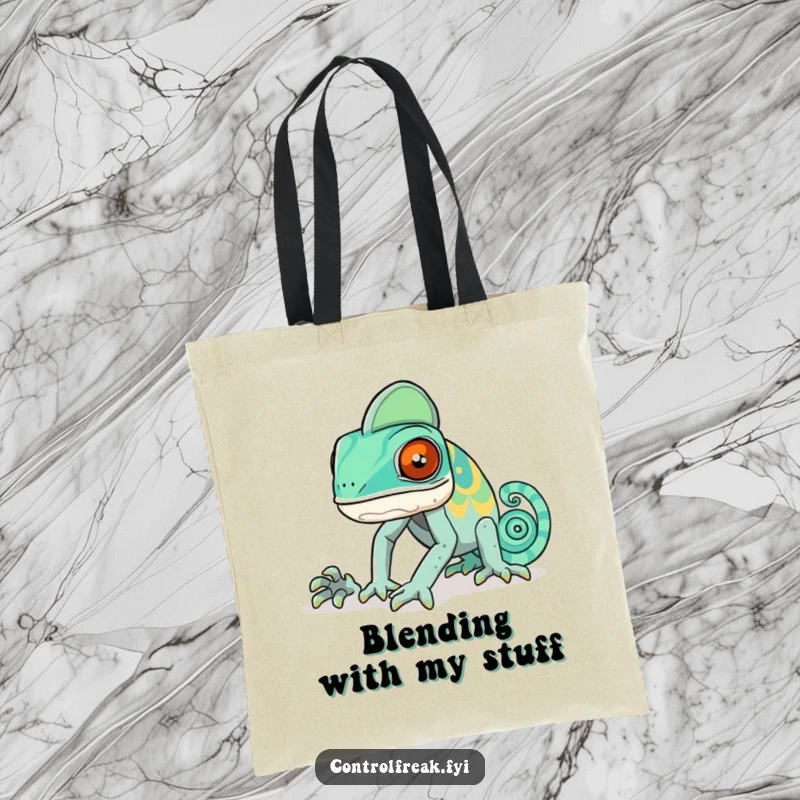 Funny chameleon tote bag showing a chameleon trying to perfectly match a patterned background but hilariously getting it wrong.