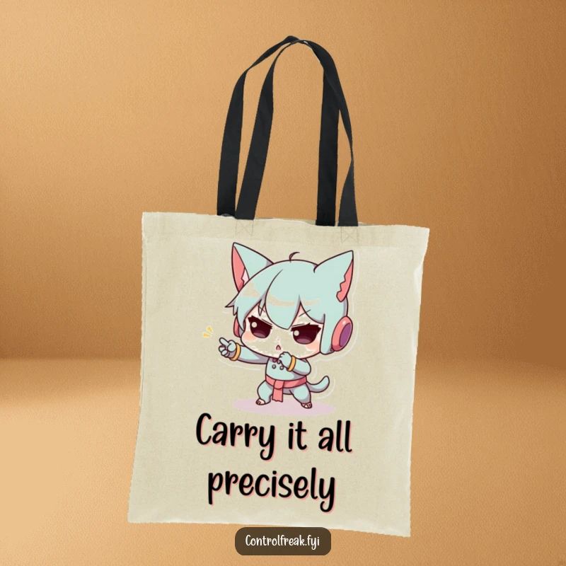Funny tote bag featuring a character intensely focused on a tiny, precise movement, embodying exaggerated concentration, a humorous and practical accessory.