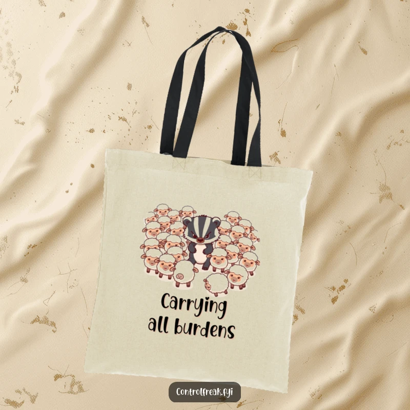 Funny Tote Bag: A grumpy badger is trying to herd a flock of very disorganized and scattered sheep.