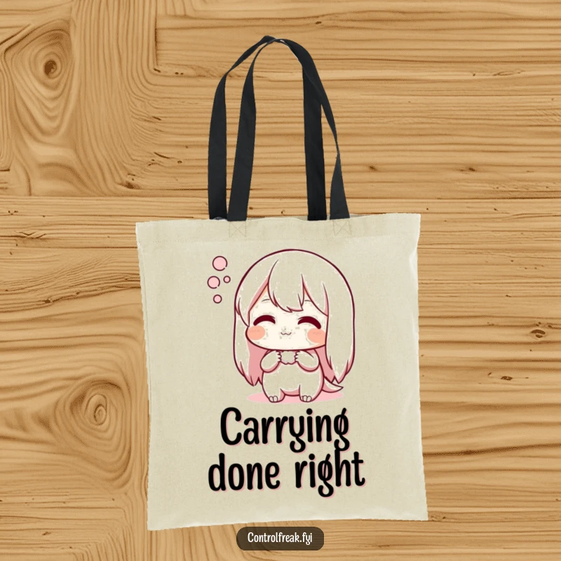 Funny tote bag with a character sighing contentedly over an arrangement, perfect for carrying items with organized joy.