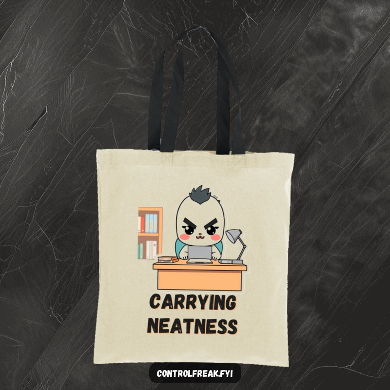 Funny tote bag with a design of a character looking stern but happy, overseeing a tidy desk, a practical and humorous accessory for organizers.