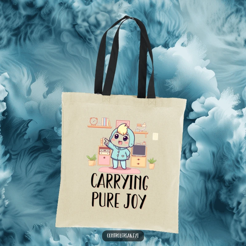 Funny tote bag with a character pointing excitedly at an organized space, perfect for carrying items and sharing tidiness.
