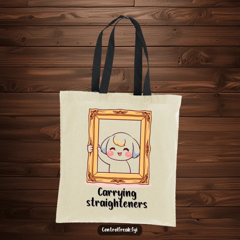 Funny tote bag with a kawaii character smiling while meticulously straightening a crooked picture frame, perfect for organized carrying.