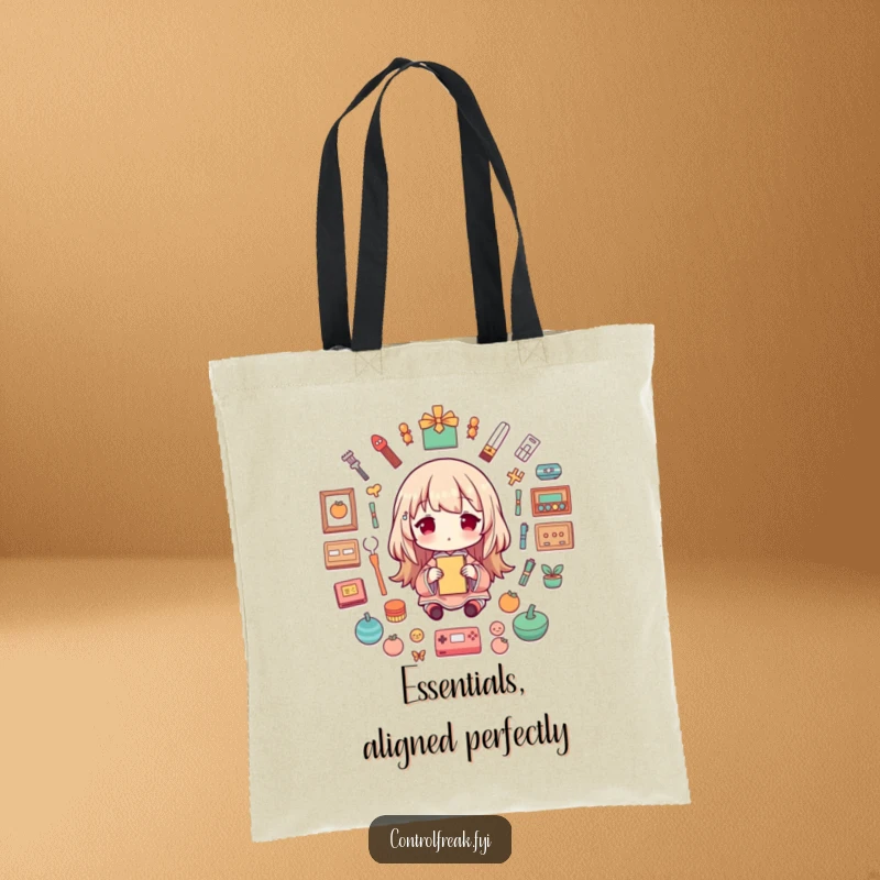 Funny Tote Bag with a character joyfully arranging objects into a precise, symmetrical design, perfect for carrying essentials with style.