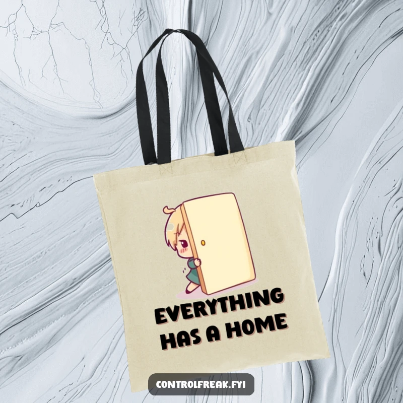 Funny tote bag with a design of a character playfully pushing a misplaced item back into line, a practical and humorous accessory for organizers.