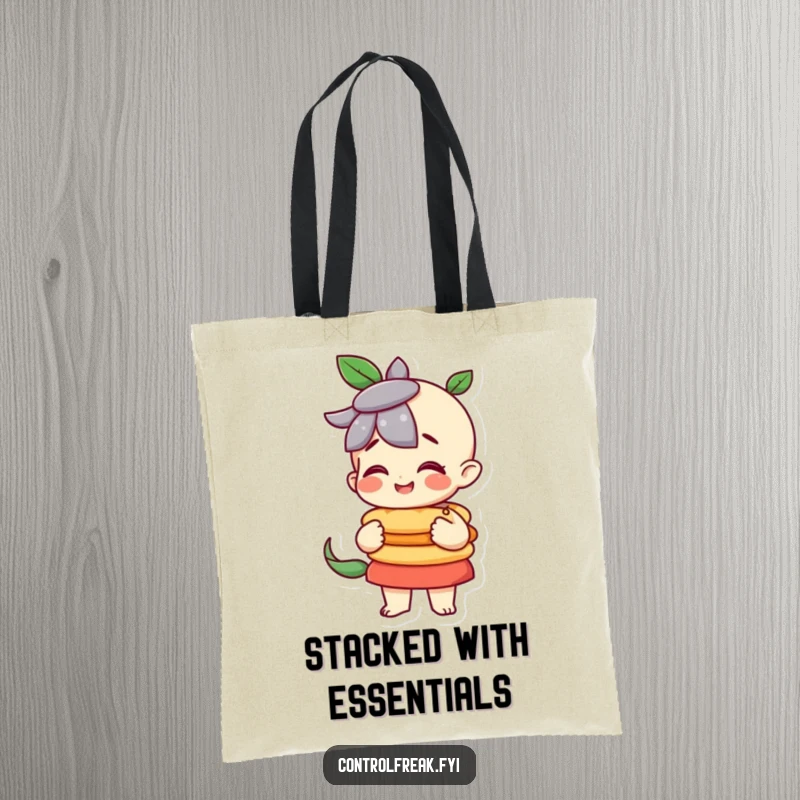 Funny character pleased with a perfectly balanced stack on this tote bag, a humorous accessory for neat people.