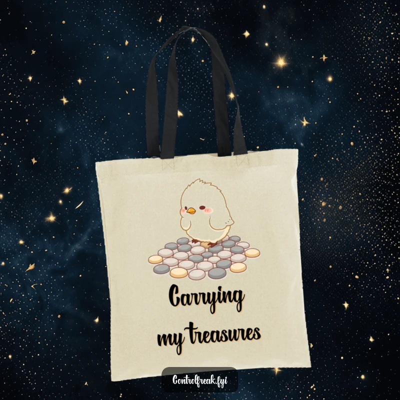 Funny Tote Bag: A small, fluffy bird meticulously arranges pebbles into perfect geometric patterns, showcasing order.