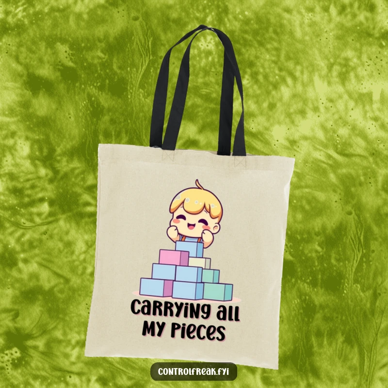 Funny tote bag with an excited character meticulously stacking perfectly aligned blocks, ideal for carrying items with organized style.