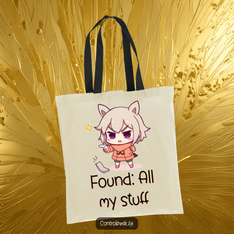 Funny tote bag with a character dramatically pointing with utmost importance at a slightly misplaced item, serving as a comical guide.