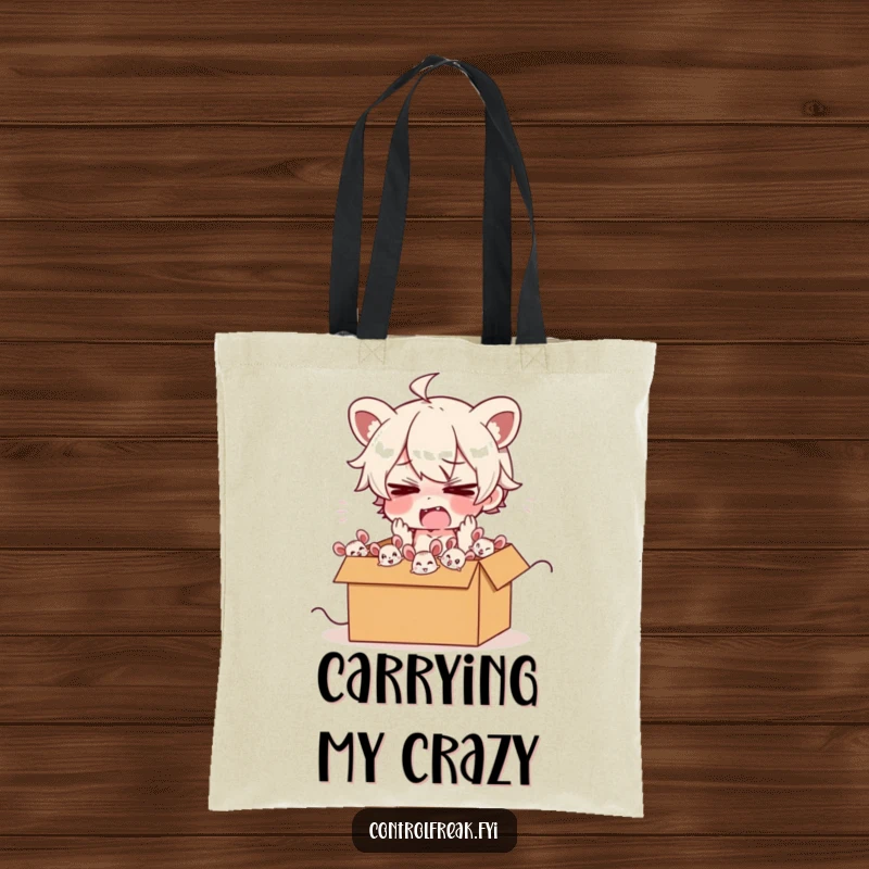 Funny tote bag with a frazzled character, energetically trying to herd cartoon mice into a box, ideal for carrying daily essentials.