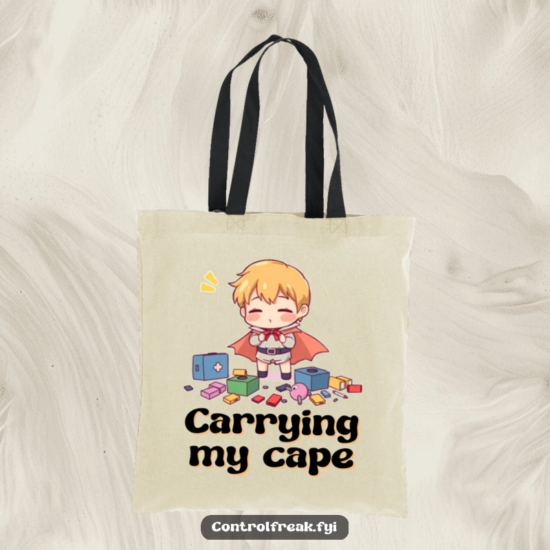 Funny character heroically and comically organizing scattered items with exaggerated effort, on a stylish and humorous tote bag.
