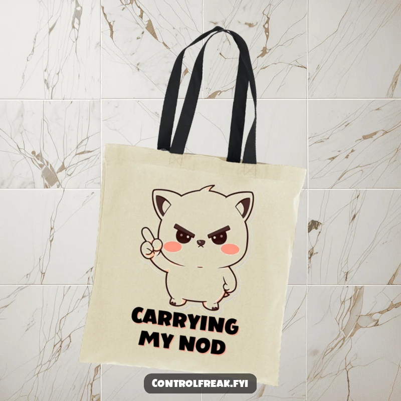 Funny kawaii tote bag displaying a character giving a stern but friendly nod, signifying approval or understanding with humor.