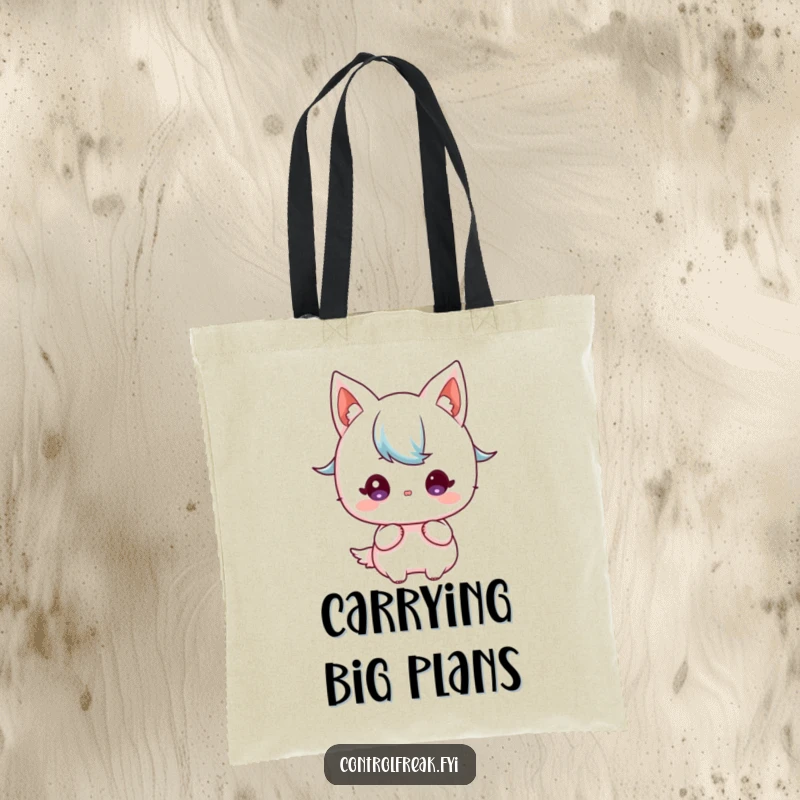 Funny Kawaii character tote bag, focused gaze on a detailed blueprint, carrying strategic essentials.