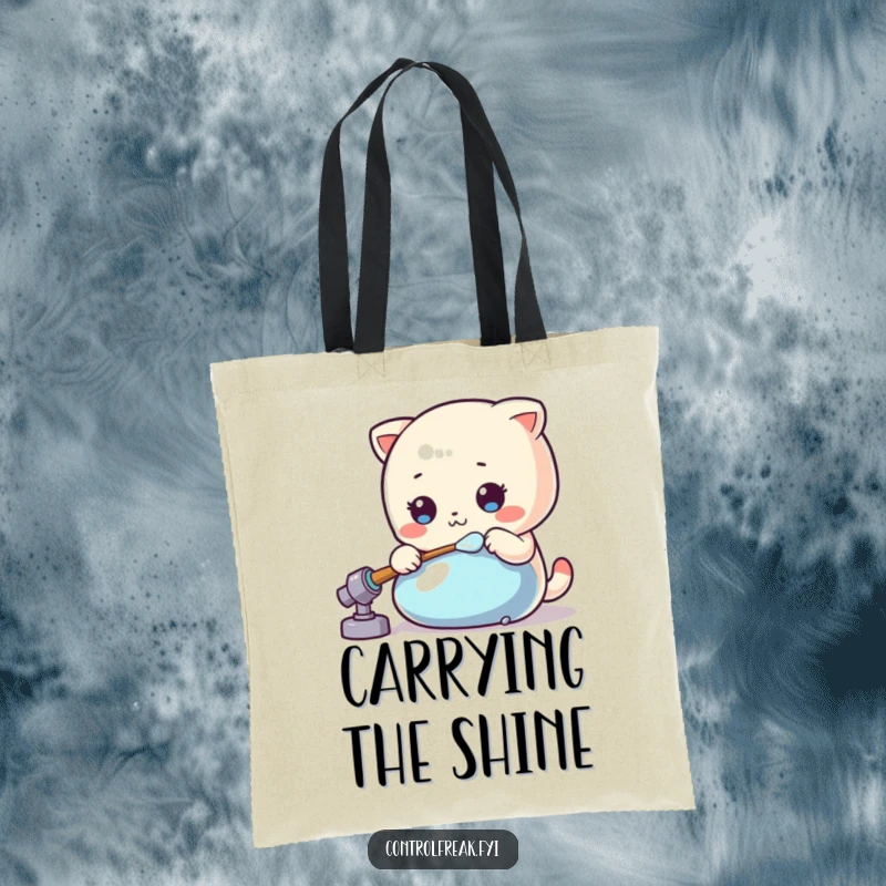 Funny Kawaii polisher tote bag stylishly holding essentials, meticulously polishing a shiny object.