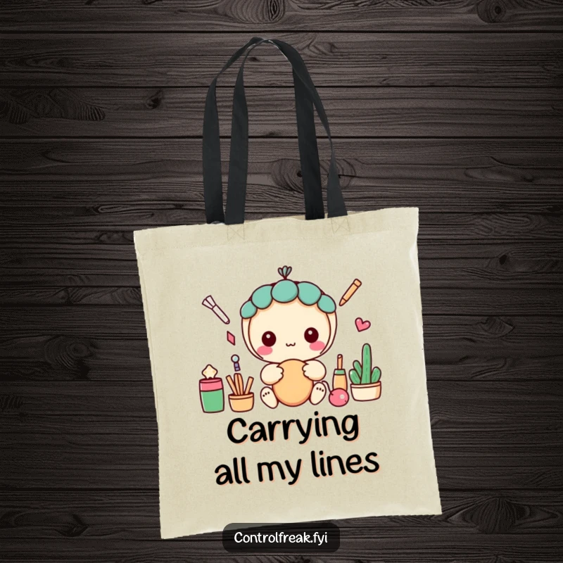 Funny kawaii tote bag with a character focused on creating perfectly straight, aligned objects, ideal for stylish organization.