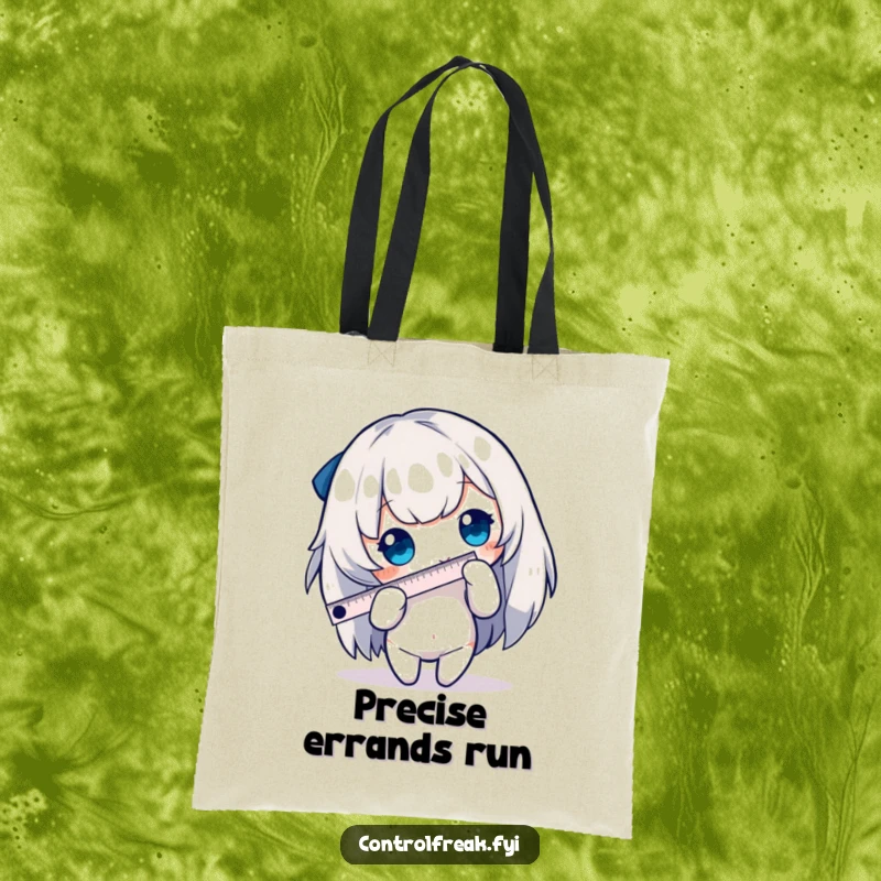 Funny tote bag with a design of a character using a tiny ruler to measure an edge, a practical and humorous accessory for organizers.