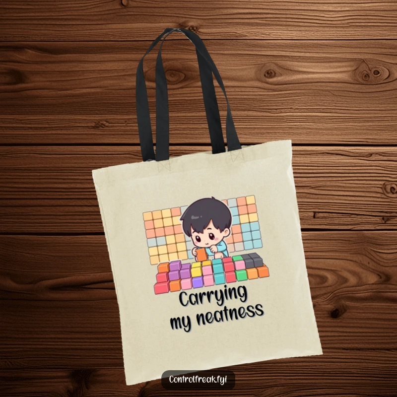 Funny Tote Bag featuring a small character organizing colorful blocks into perfect rows, perfect for carrying items neatly.