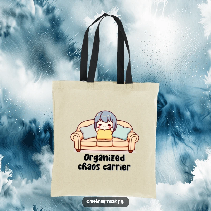 Funny cute character aligning sofa pillows, printed on a durable and humorous tote bag.