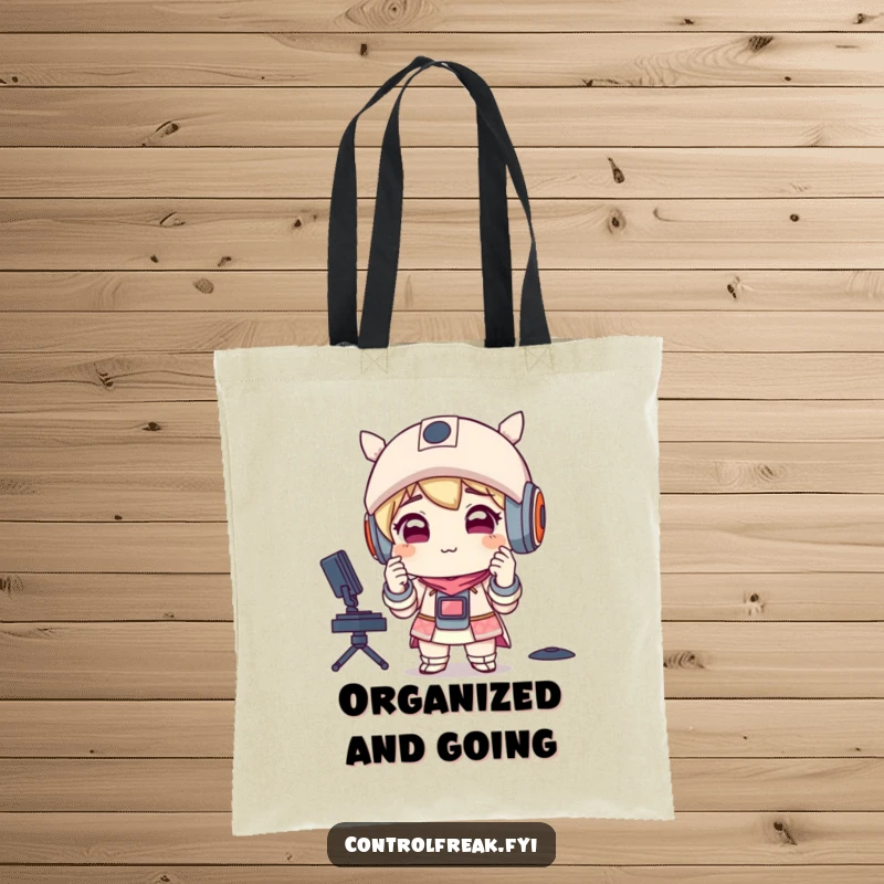 Funny tote bag featuring a character with a satisfied smirk, adjusting perfectly aligned items, perfect for carrying essentials with humorous order.