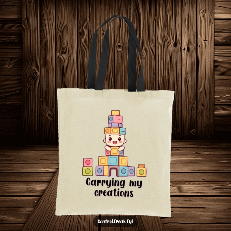Funny tote bag with a happy character building a perfectly symmetrical tower of blocks, great for organized people.