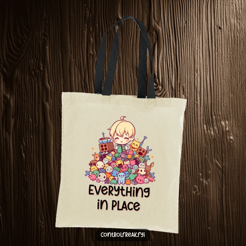 Funny tote bag with a character tidying a chaotic pile of toys into perfect order, ideal for stylish and organized carrying.