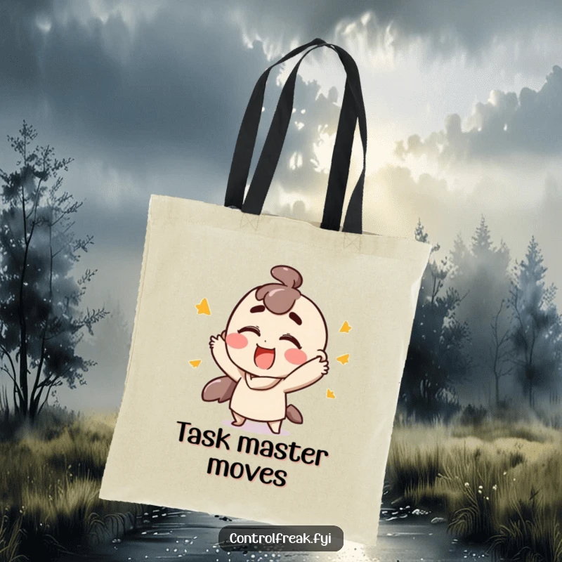 Funny tote bag depicting a character making fast, ordered gestures with extreme satisfaction, a humorous accessory for celebrating success and daily wins.