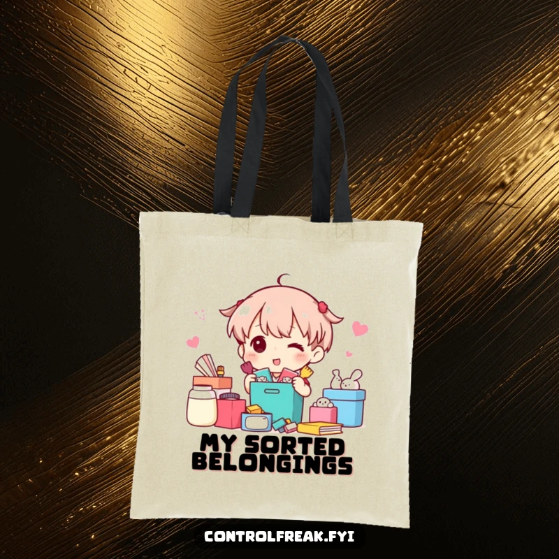 Funny Tote Bag: Character happily sorting items into neat categories, a humorous accessory for the meticulously organized.