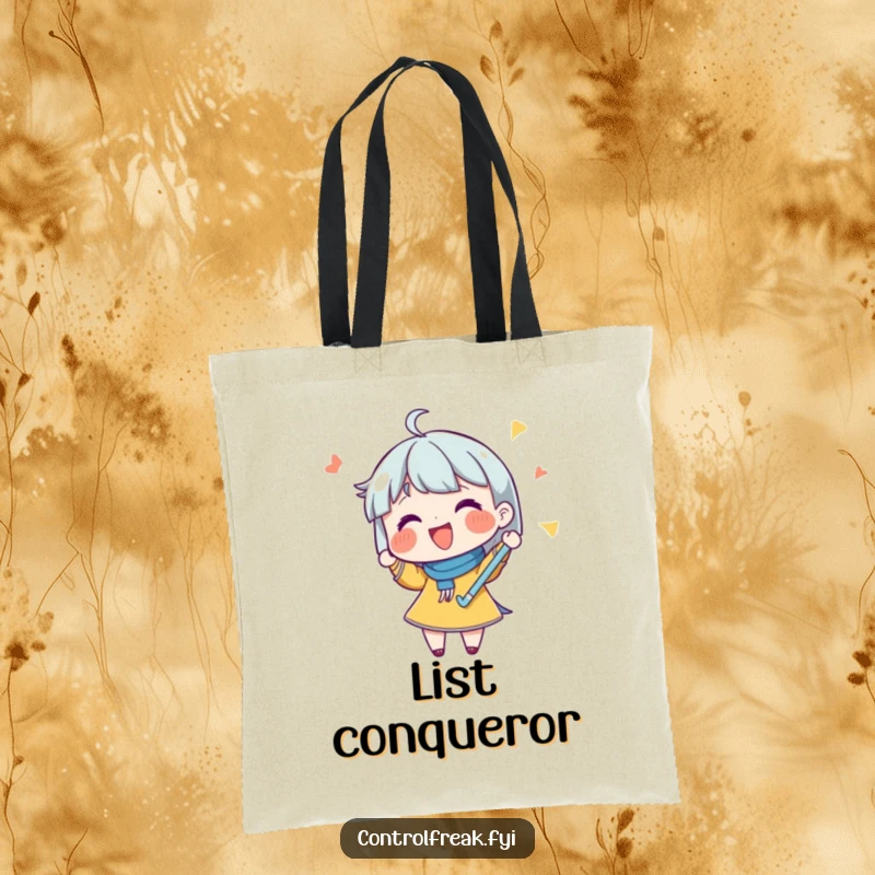 Funny tote bag showcasing a character joyfully checking off a list with a flourish, ideal for stylish and organized shopping.