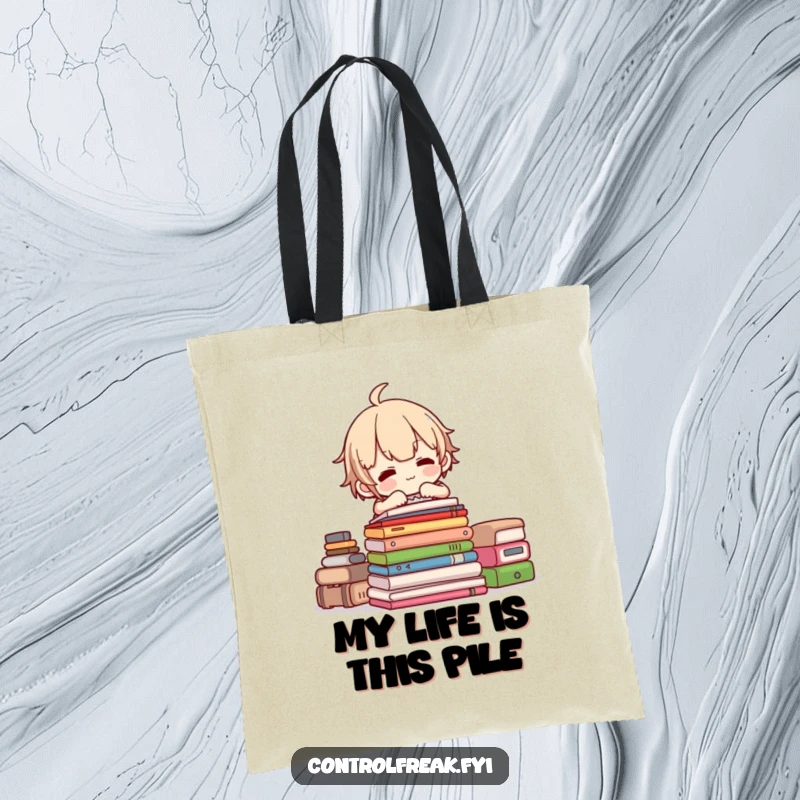 Funny tote bag with a character happily stacking items, perfect for carrying groceries with a touch of organized humor.
