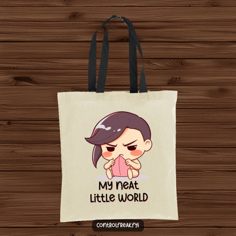 Funny tote bag with a determinedly frowning character meticulously folding paper, ideal for carrying crafting supplies with purpose.