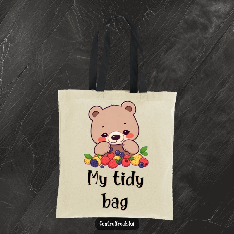 Funny bear tote bag with a focused bear arranging berries into a precise geometric pattern, perfect for stylish organization.